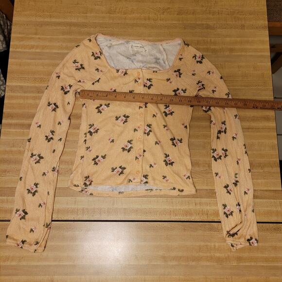 Lucky Brand Floral Button-Up Cardigan Women's XS Stretchy Peach Knit Long Sleeve - Picture 5 of 7